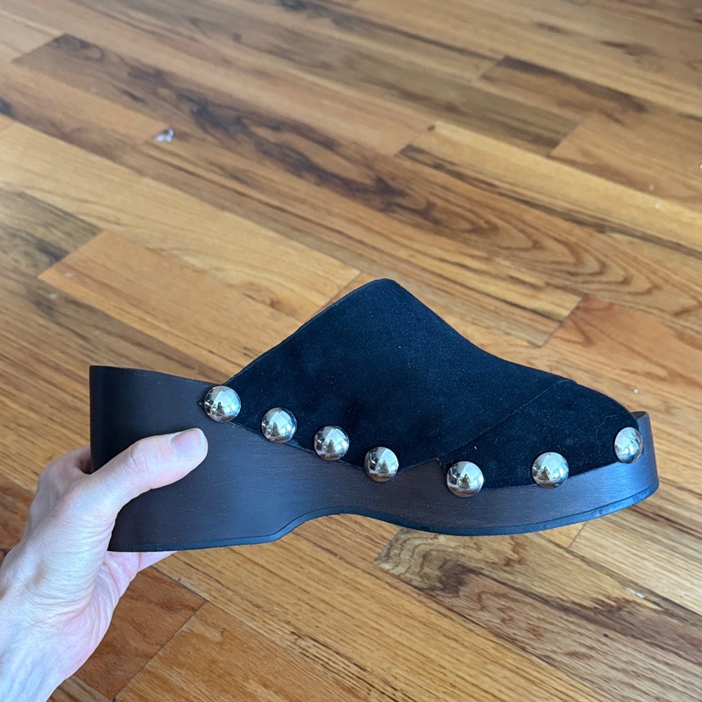 Ganni Black Suede Platform Clogs with Silver Studs
